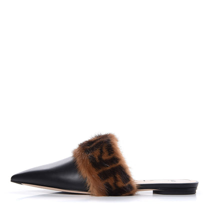 Fendi Calfskin Mink Fur FF Flat Mules 37.5 Black 1 of 11