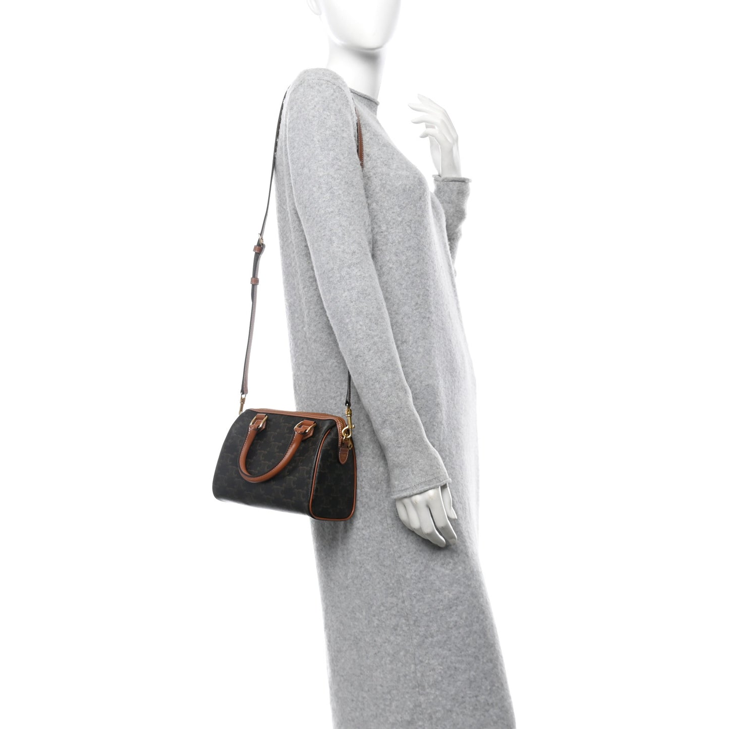 Triomphe Canvas Calfskin Small Boston Bag Tan