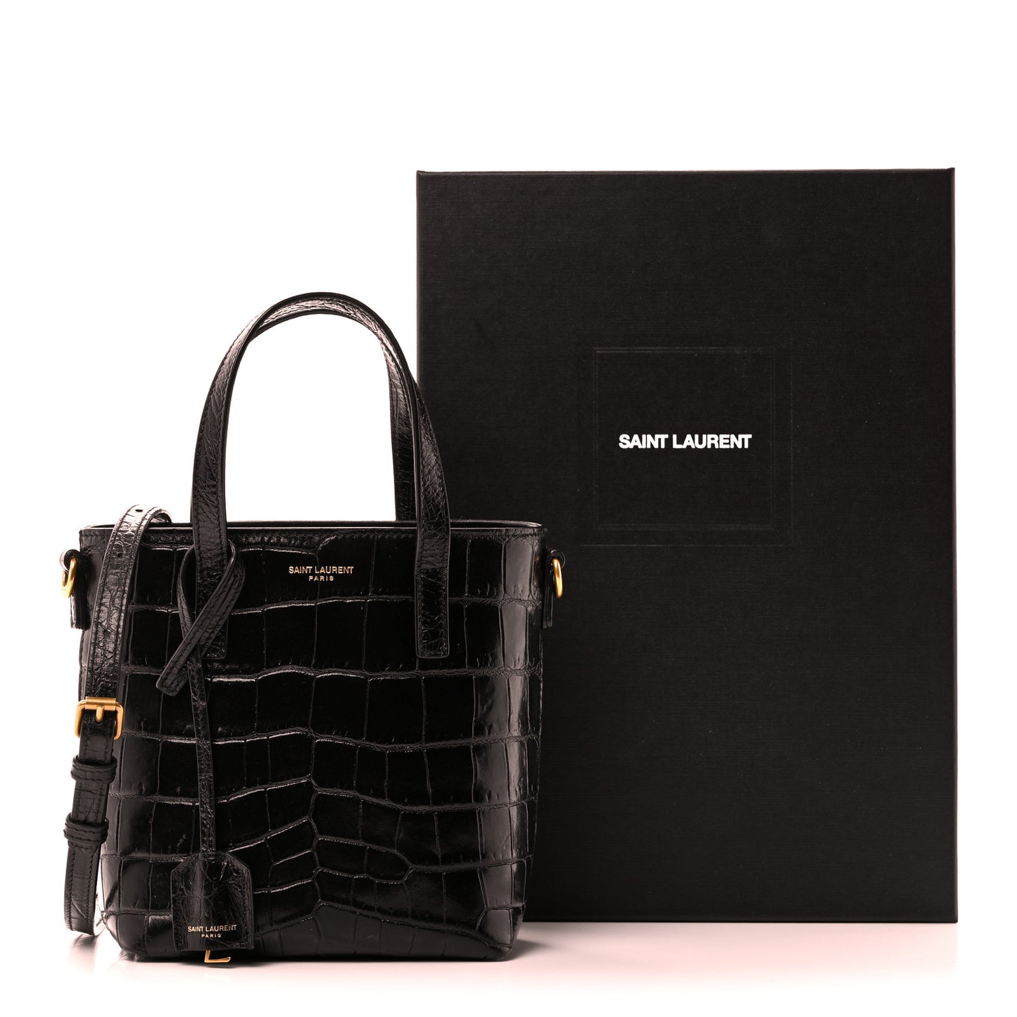 Calfskin Crocodile Embossed Paris Mini Toy Shopper Tote Black
