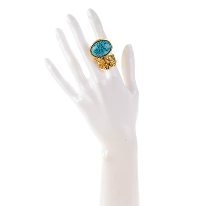 Saint Laurent Glass Cabochon Arty Ovale Ring 8 Gold Turquoise 2 of 4