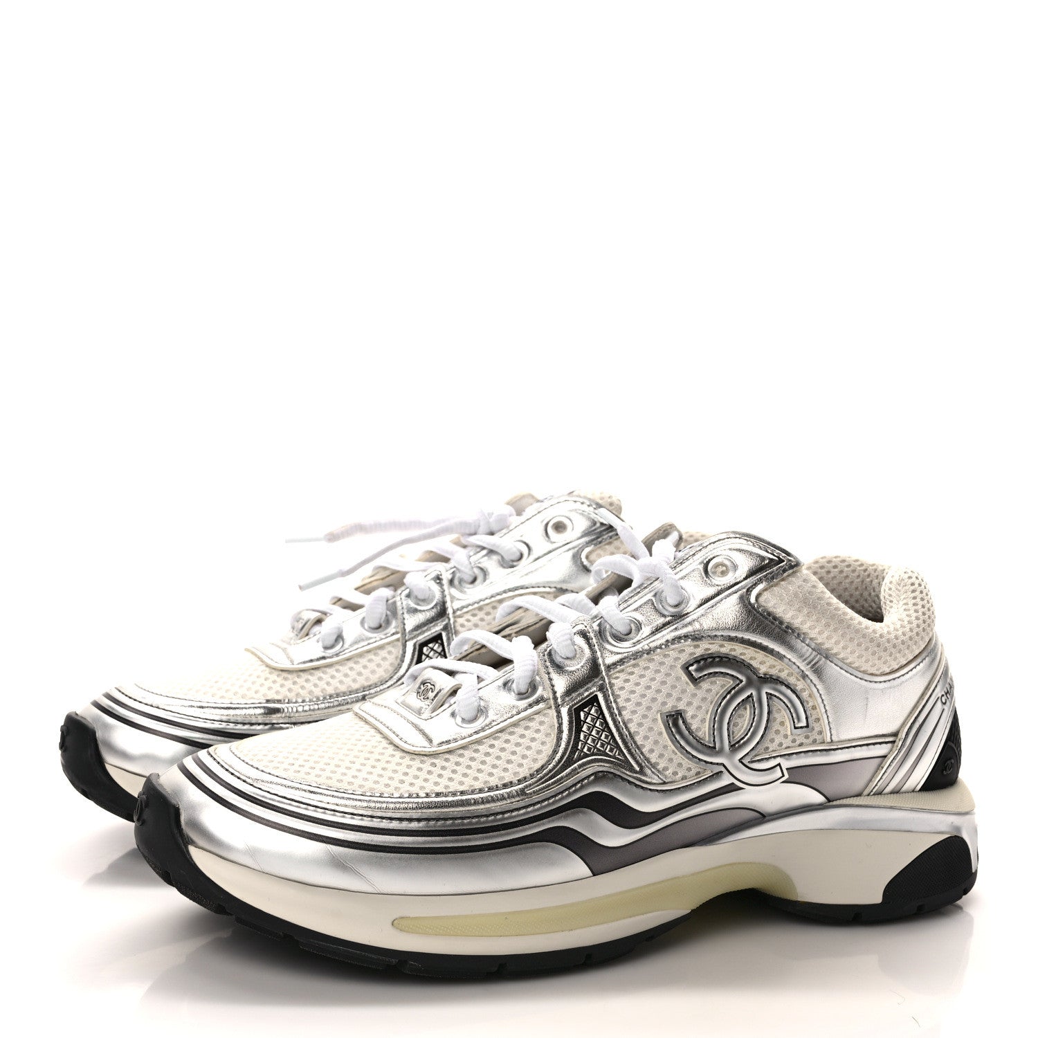 Chanel Fabric Laminated Calfskin Stretch CC Sneakers 40.5 White Silver 3 of 10