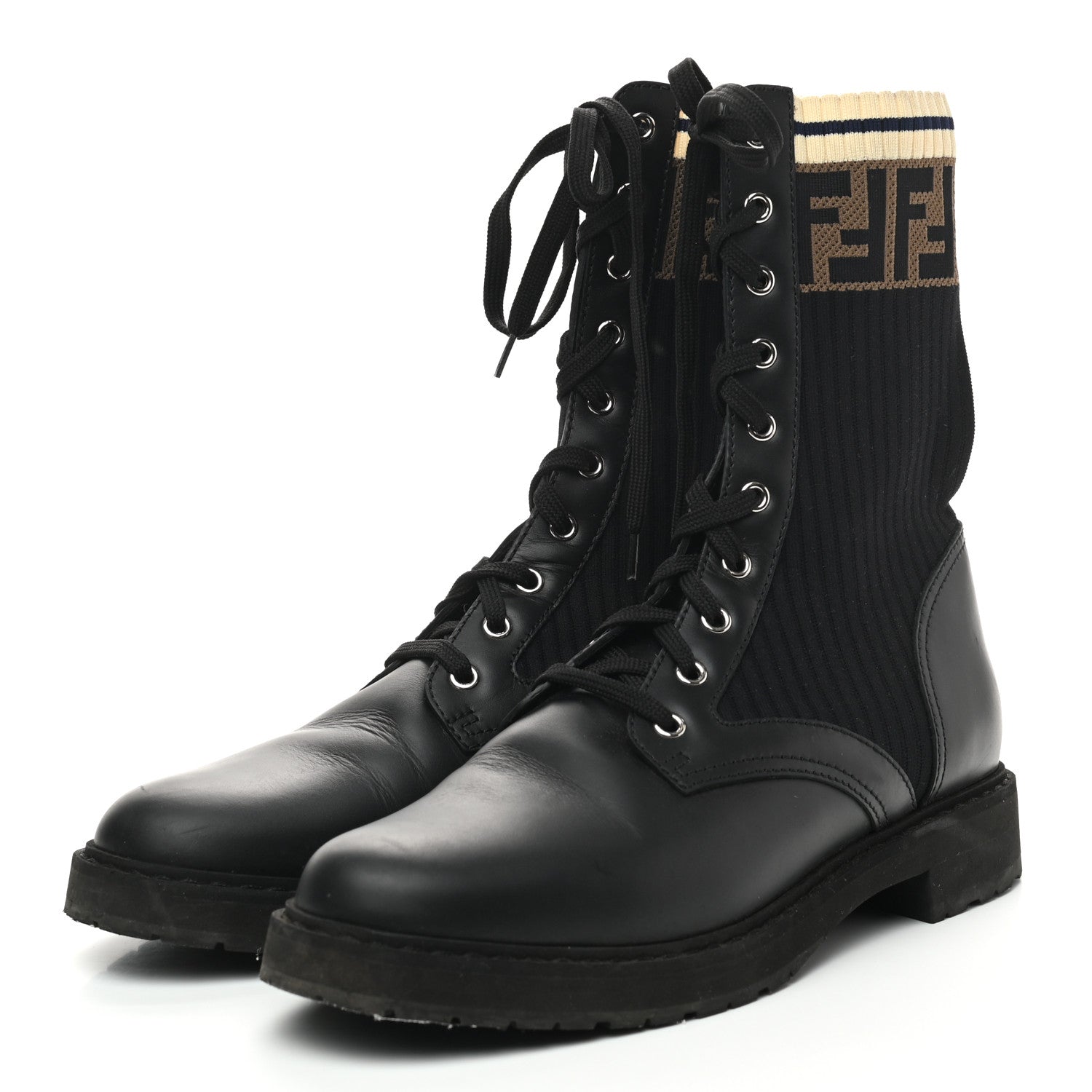 Fendi Calfskin Stretch Fabric Rockoko Biker Boots 41 Tobacco Black Marino 3 of 10