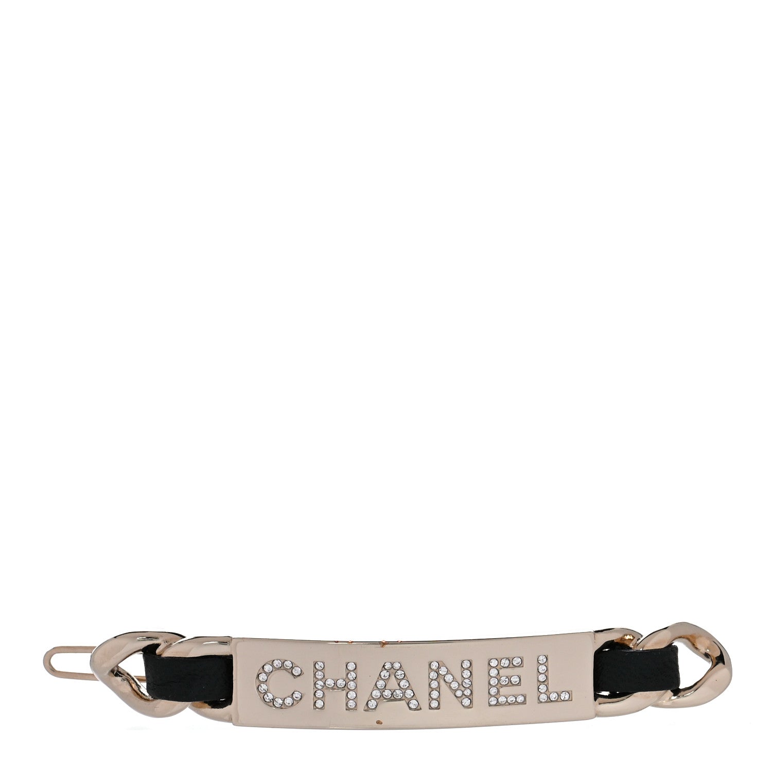 Chanel Metal Lambskin Strass Sergeant Hair Clip Barrette Black Gold 1 of 5