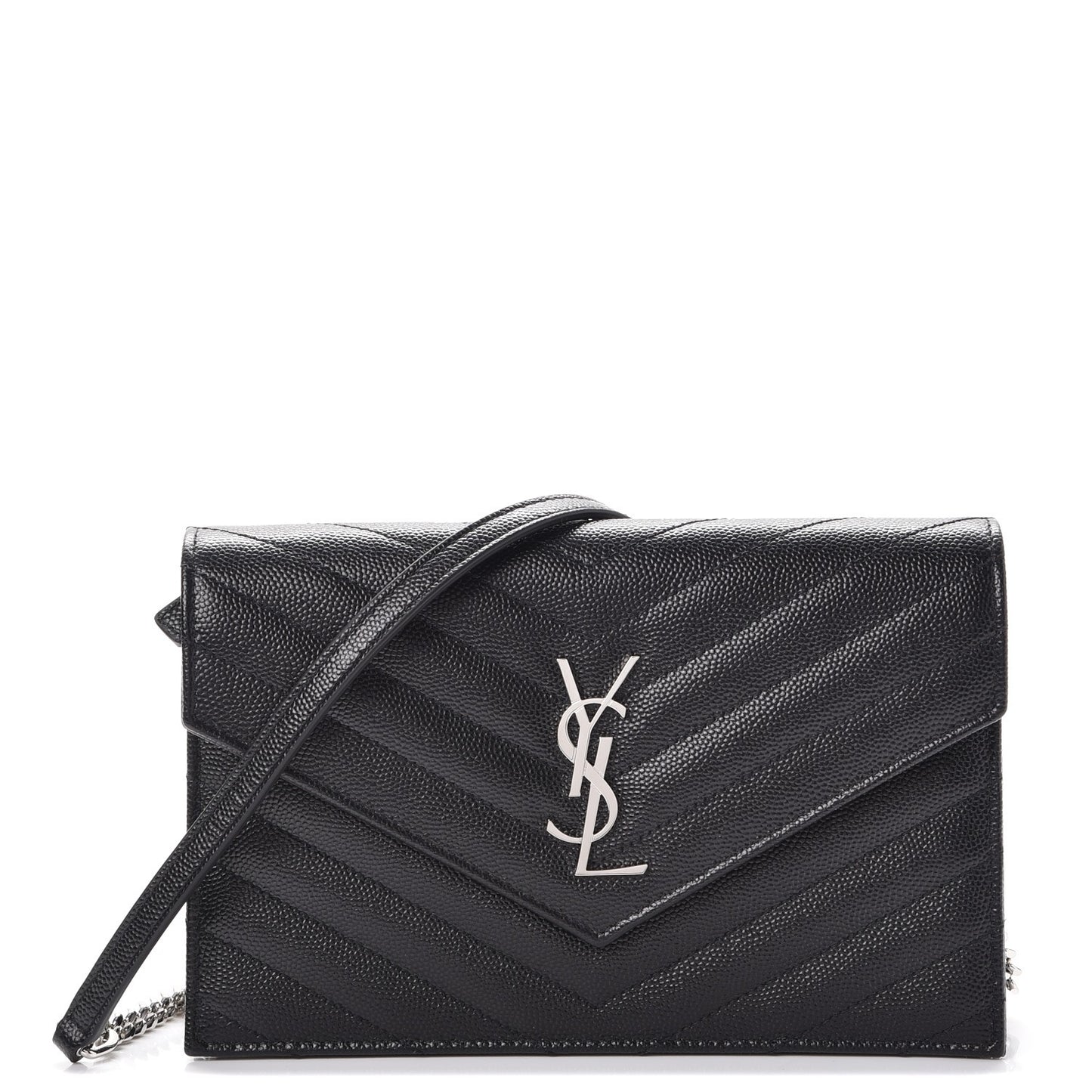 Grain De Poudre Matelasse Chevron Monogram Envelope Chain Wallet Black