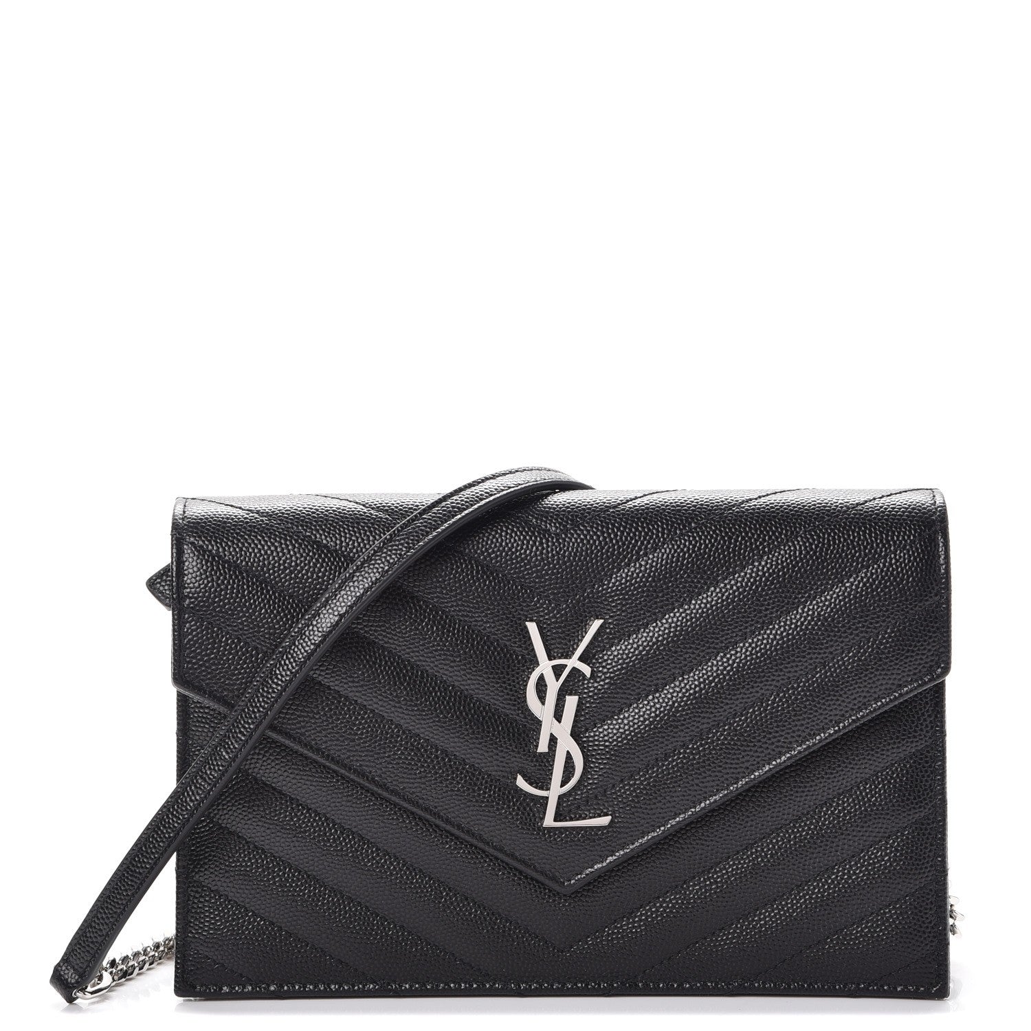 Saint Laurent Grain De Poudre Matelasse Chevron Monogram Envelope Chain Wallet Black 1 of 8