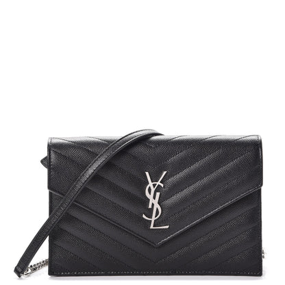 Saint Laurent Grain De Poudre Matelasse Chevron Monogram Envelope Chain Wallet Black 1 of 8