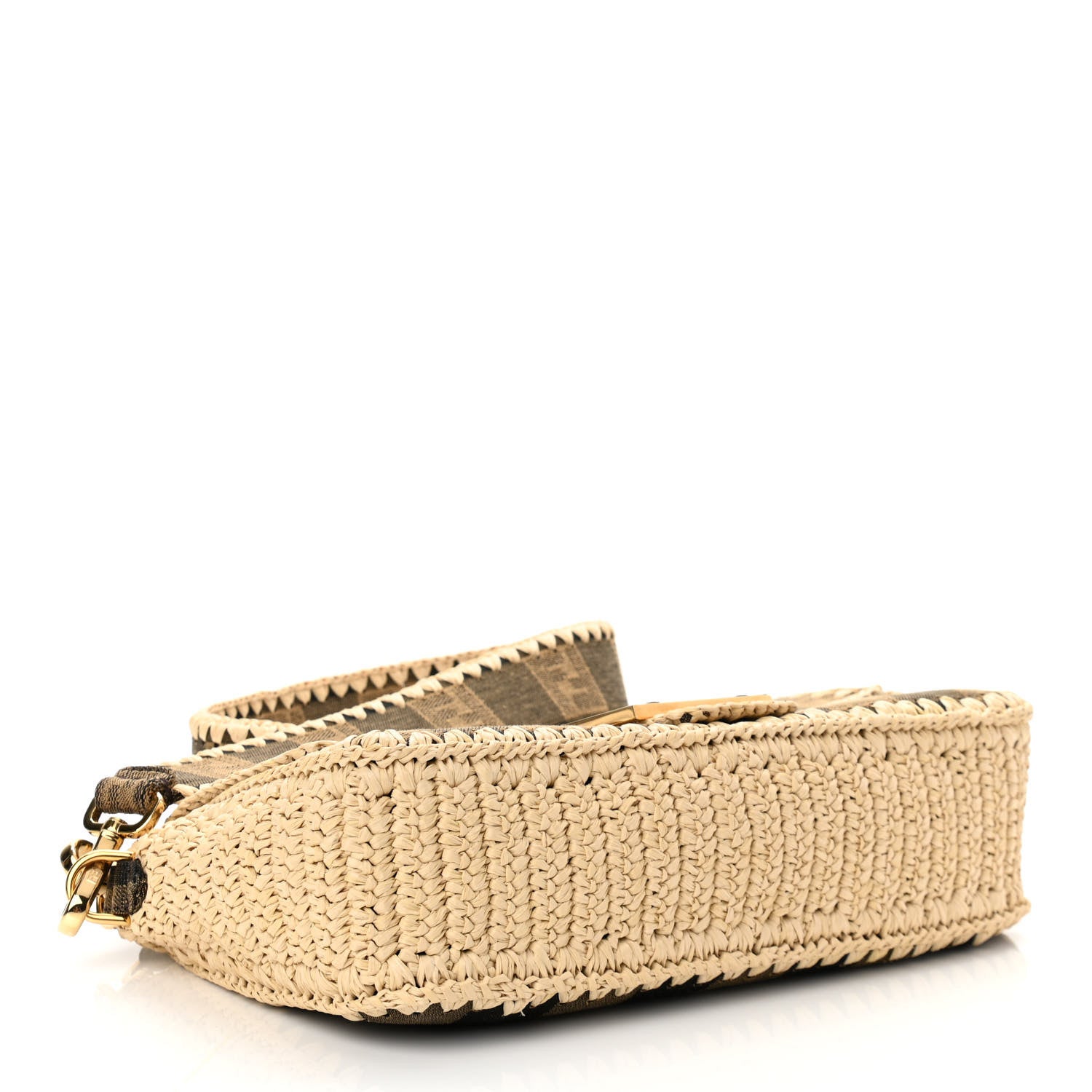 Fendi Fabric Jacquard Raffia Straw Pequin Gingham Woven Baguette Beige Black Natural 4 of 9