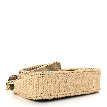 Fendi Fabric Jacquard Raffia Straw Pequin Gingham Woven Baguette Beige Black Natural 4 of 9