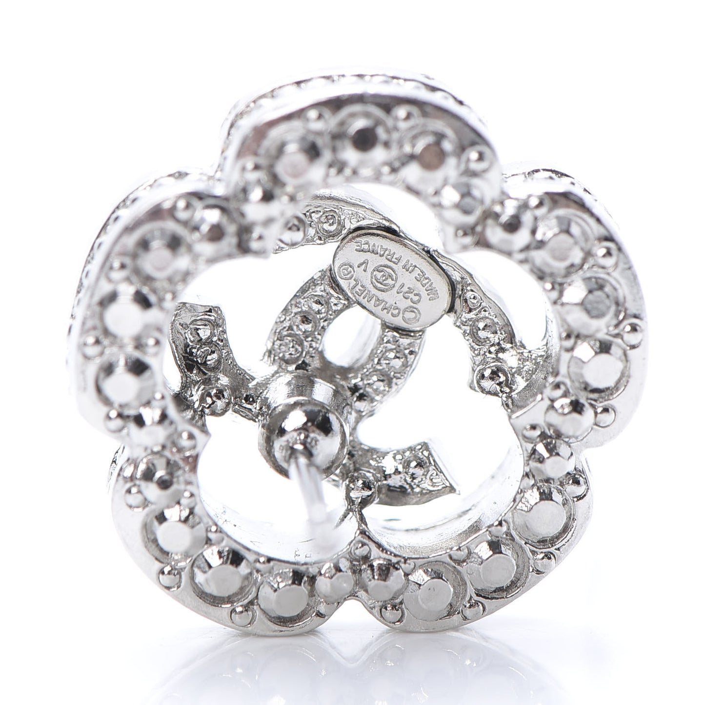 Crystal Coco Flapper Camellia CC Stud Earrings Silver