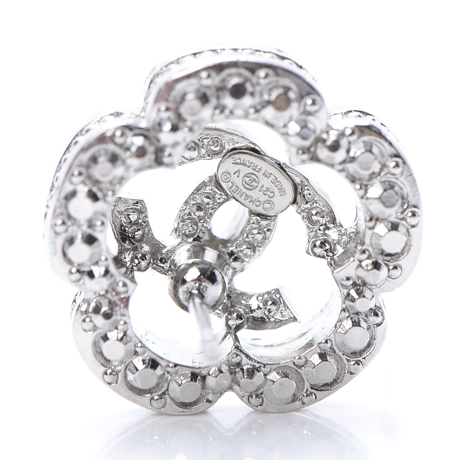 Chanel Crystal Coco Flapper Camellia CC Stud Earrings Silver 4 of 5