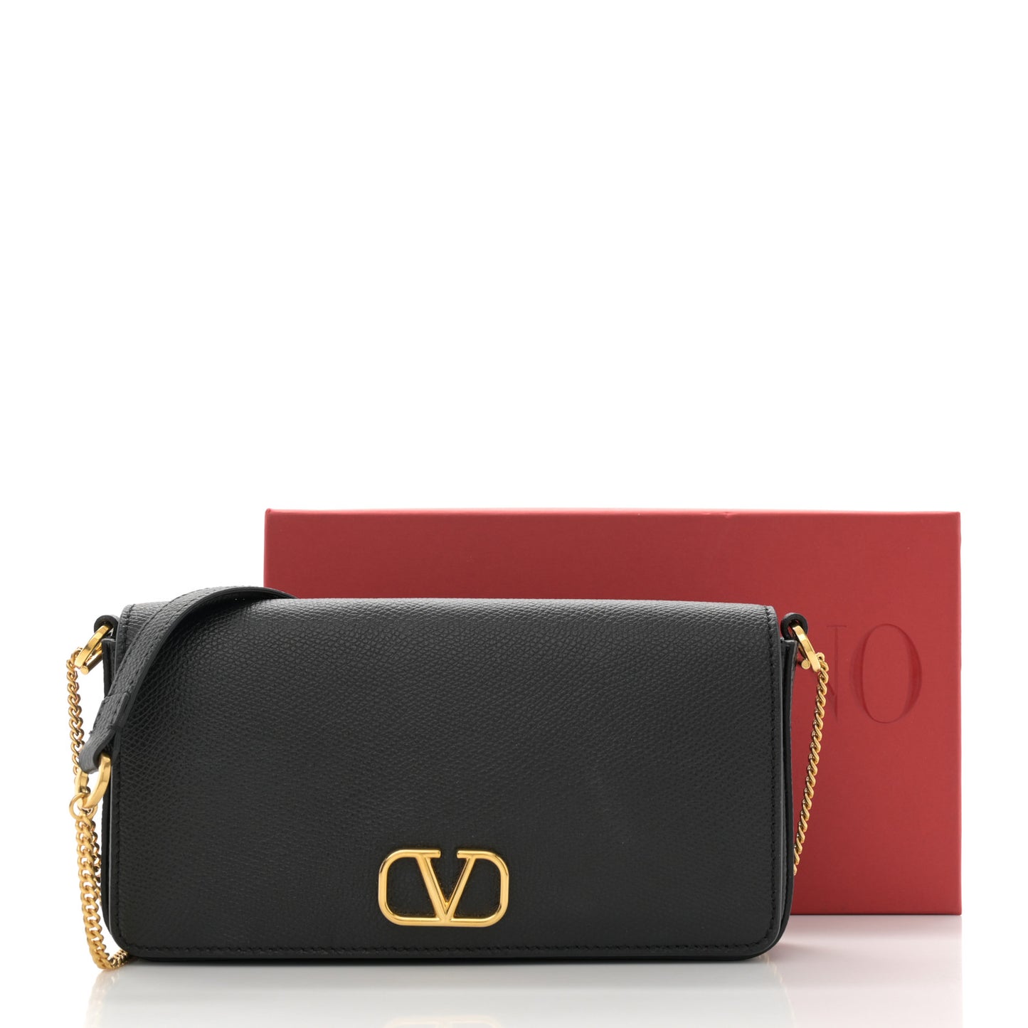 Grainy Calfskin Vlogo Pouch With Chain Black