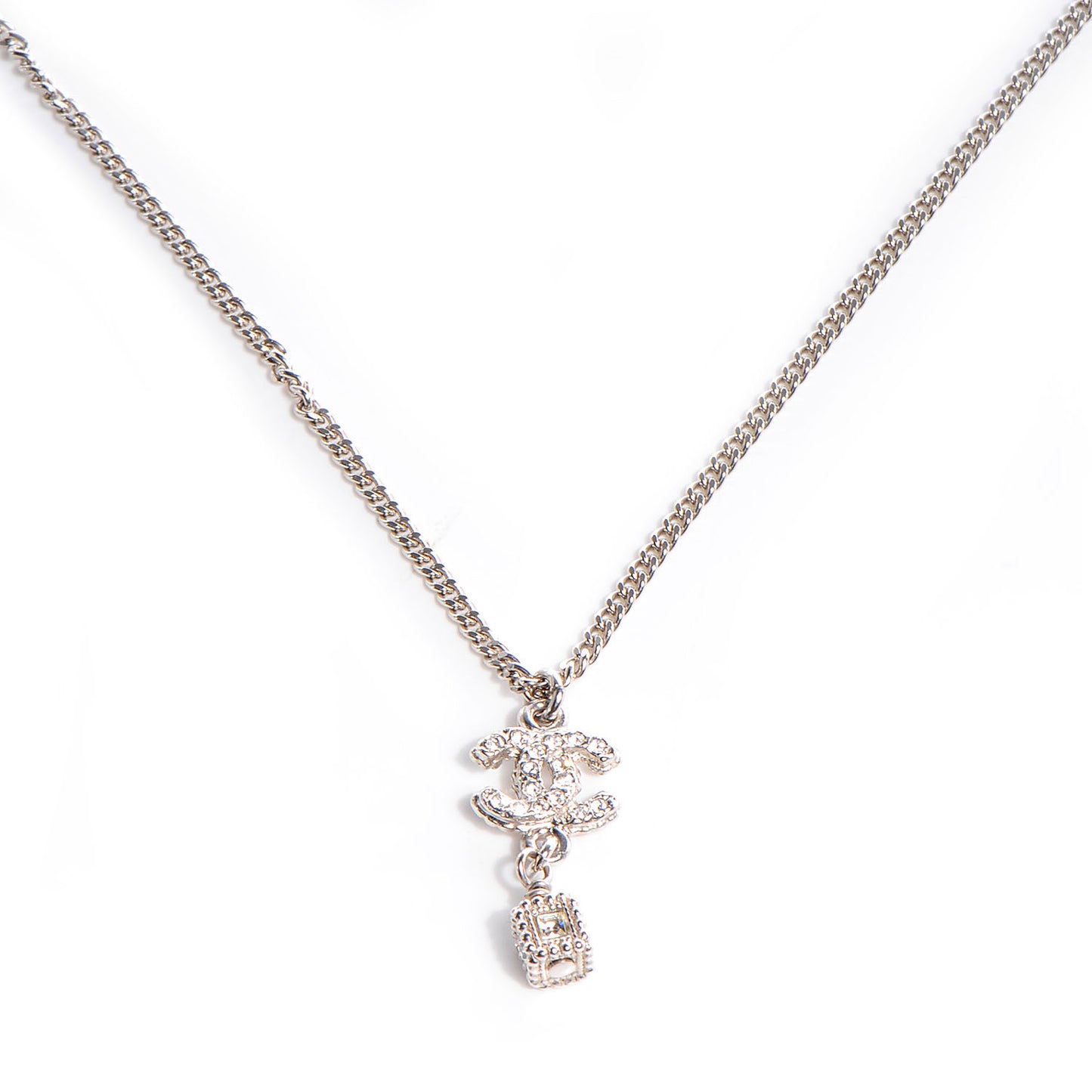 Crystal Studded Cube CC Necklace Silver