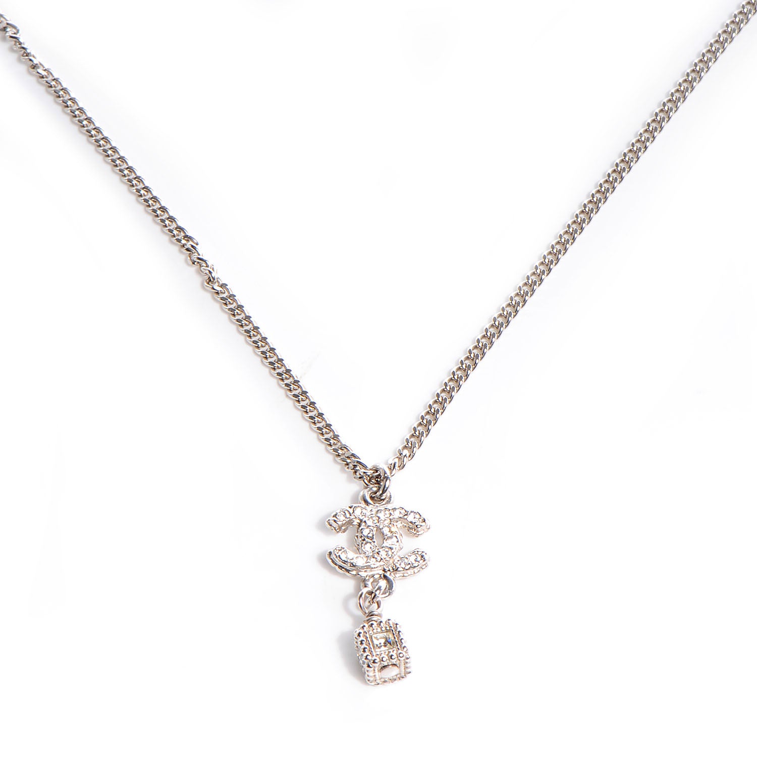 Chanel Crystal Studded Cube CC Necklace Silver 1 of 5