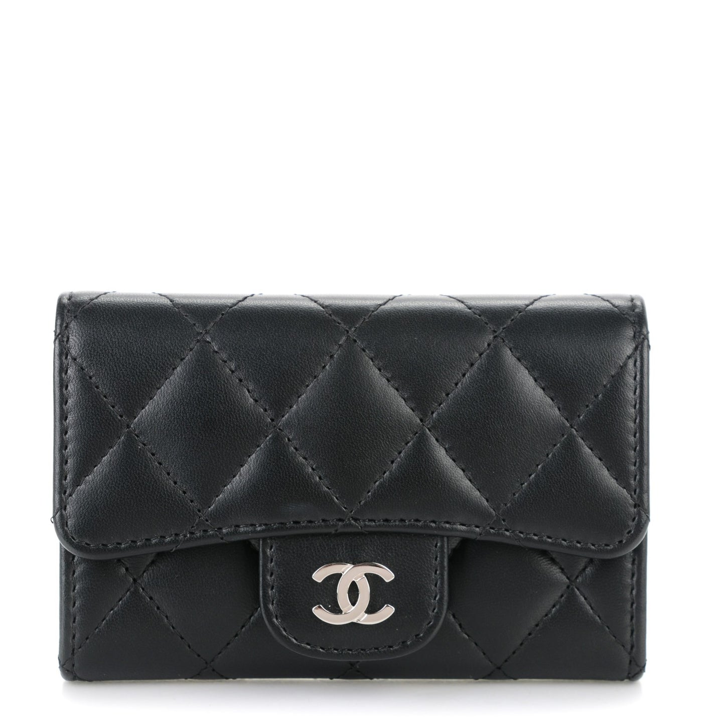 Lambskin Quilted Flap Card Holder Black