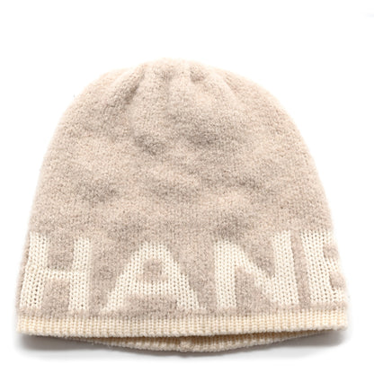 Chanel Cashmere Wool Silk Logo Beanie Hat Beige White 1 of 6