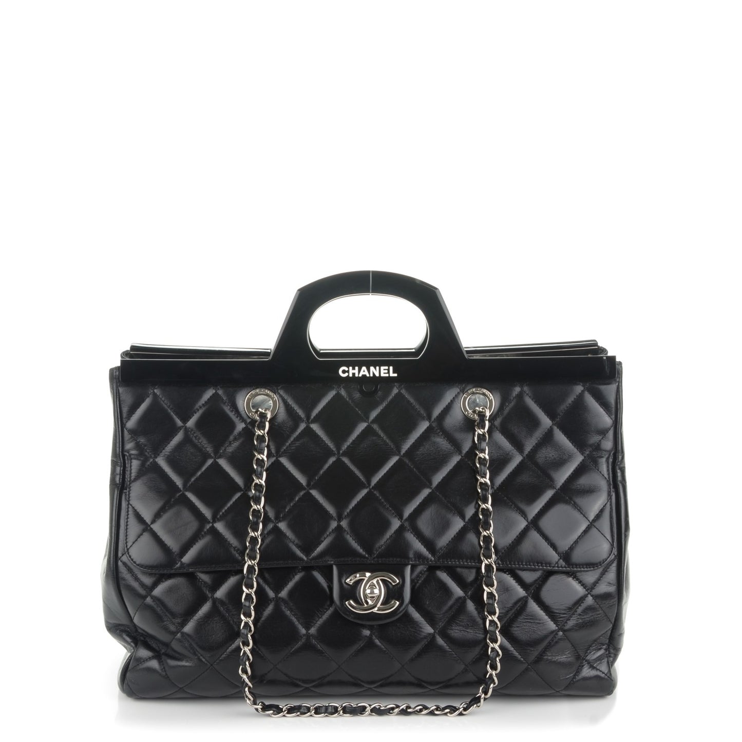Glazed Calfskin Large CC Delivery Tote Black