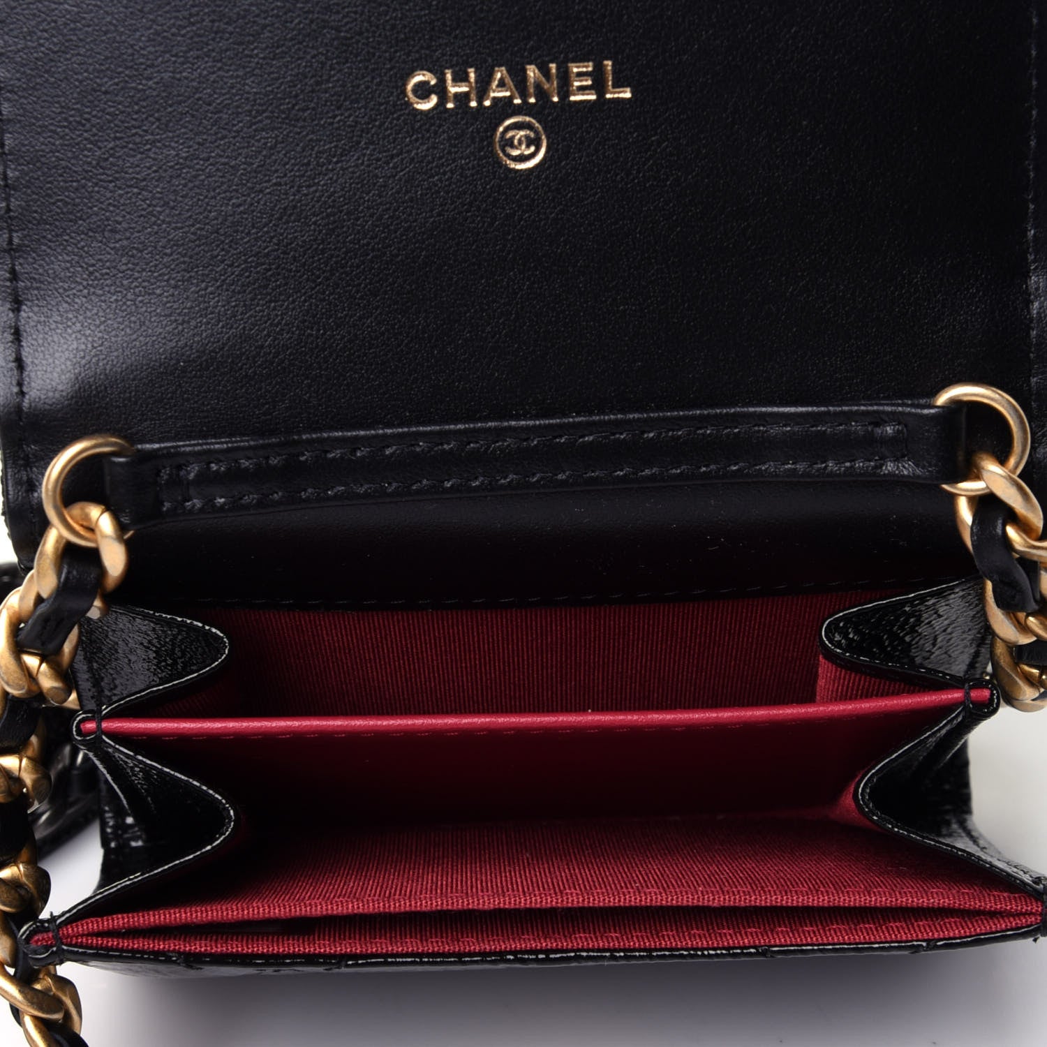 Chanel Shiny Crumpled Calfskin Quilted Chanel 19 Flap Coin Purse With Chain Black 3 of 4