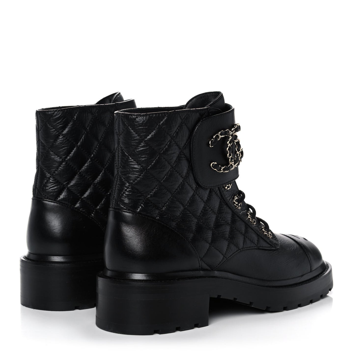 Shiny Goatskin Calfskin Quilted Lace Up Combat Boots 40 Black