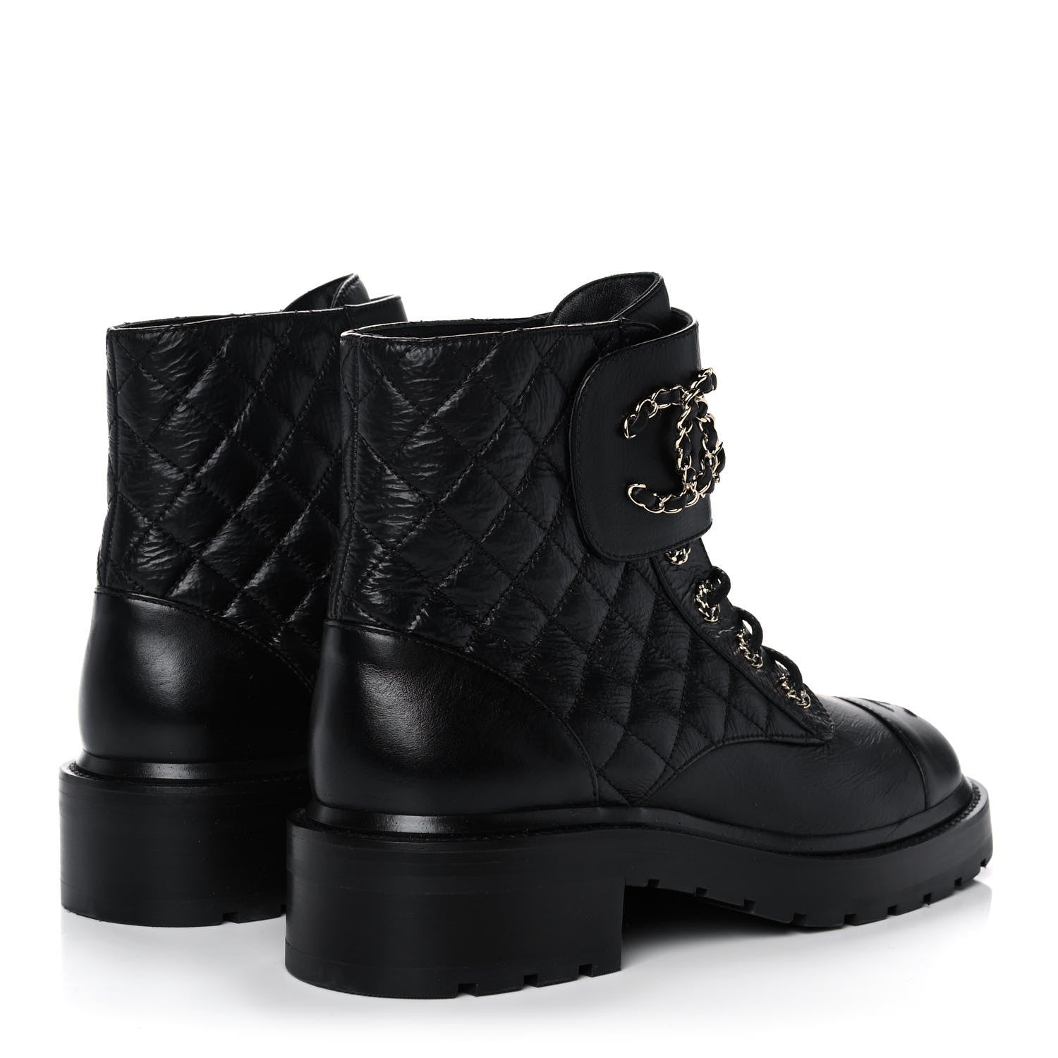Chanel Shiny Goatskin Calfskin Quilted Lace Up Combat Boots 40 Black 8 of 20