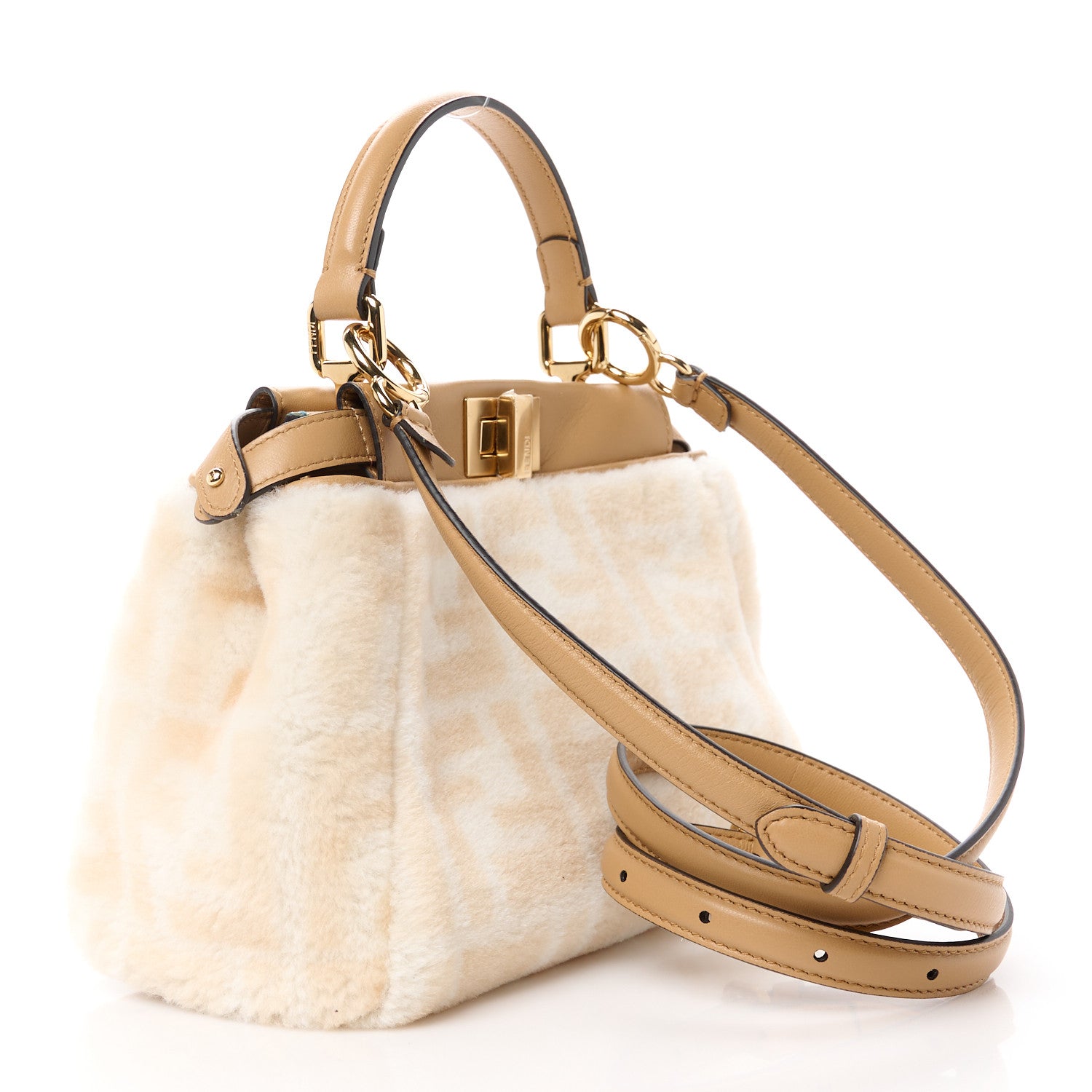 Fendi Shearling Nappa Macro FF 1974 Mini Peekaboo Iconic Satchel White Ice Cuoio Miele Scuro 3 of 11