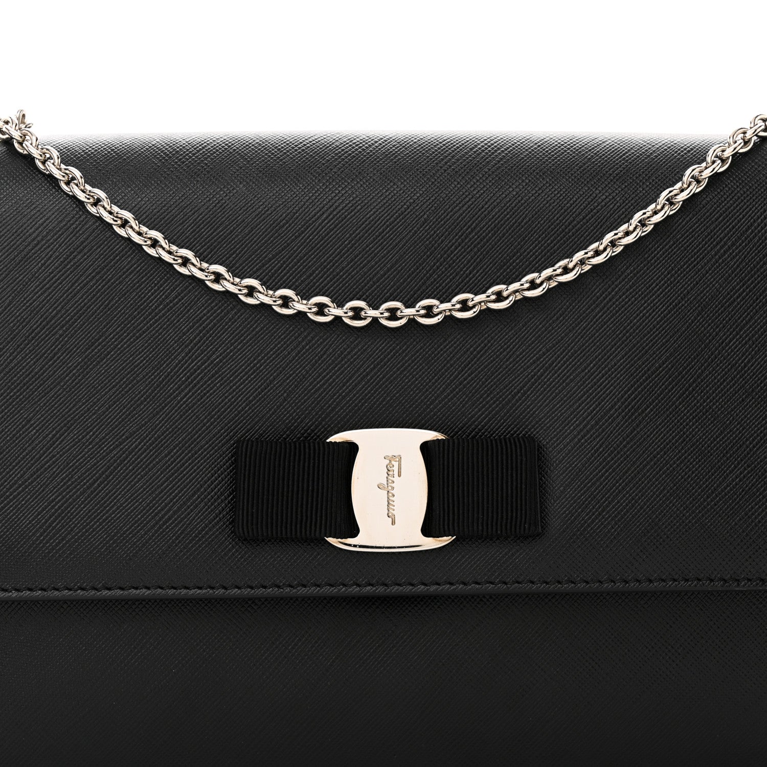 Salvatore Ferragamo Hammered Calfskin Vara Bow Chain Flap Crossbody Black 7 of 12