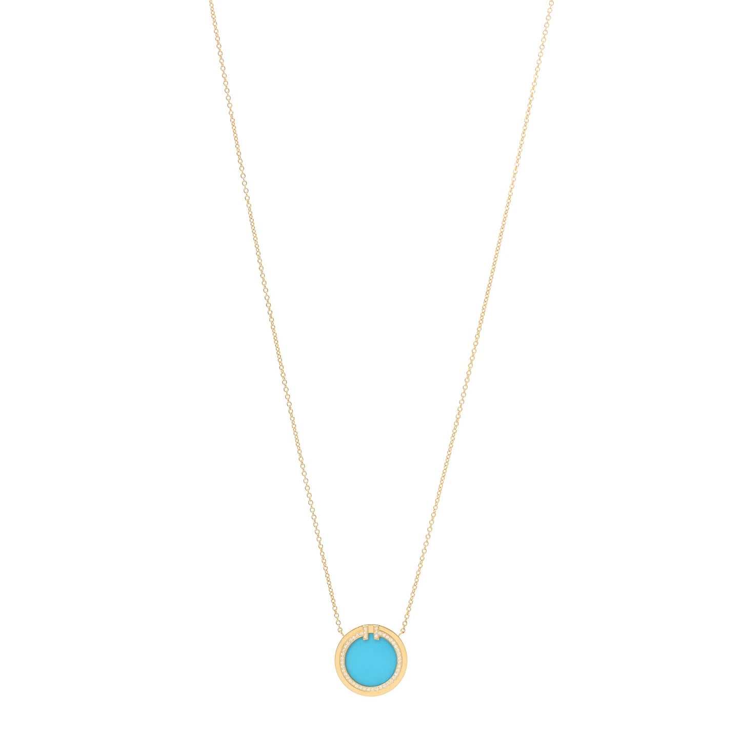 18K Yellow Gold Diamond Turquoise T Circle Pendant Necklace