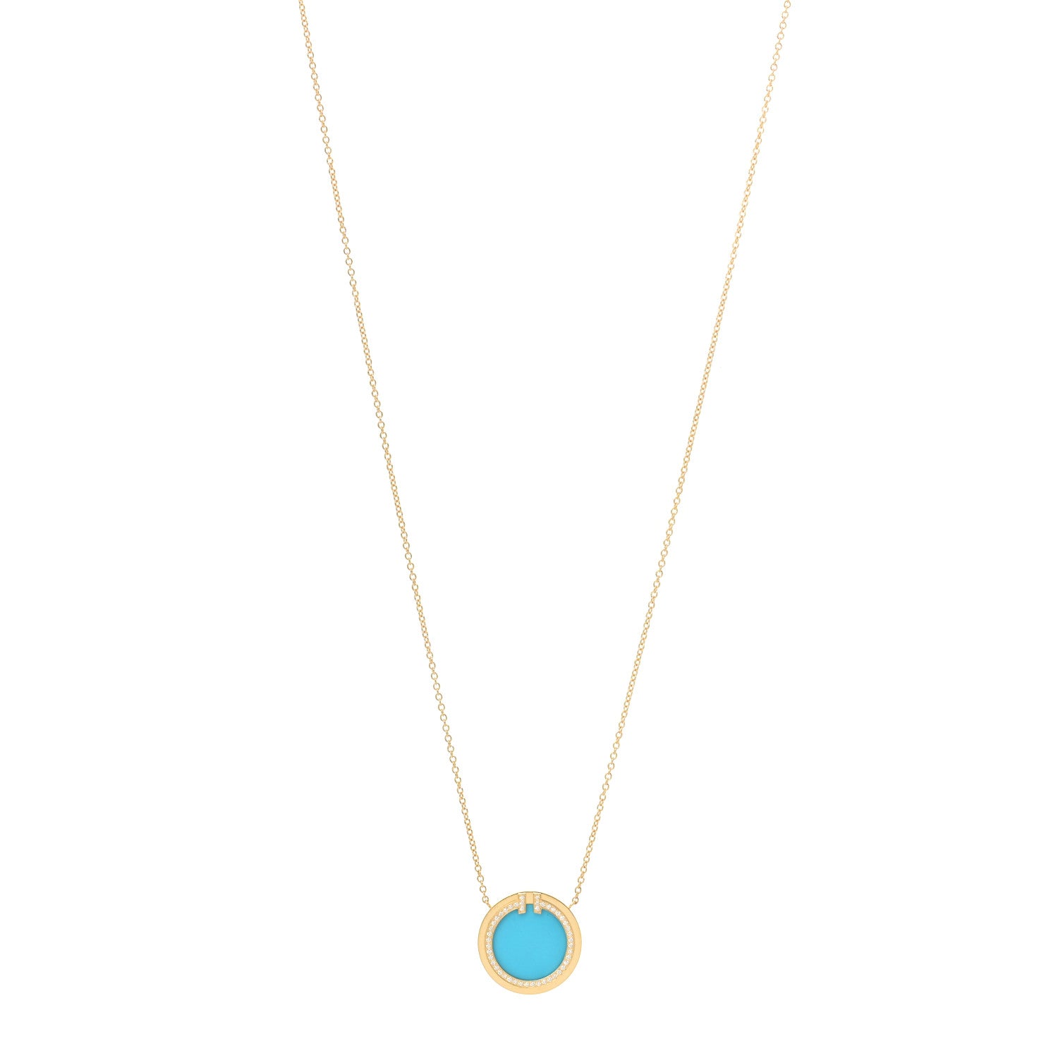 Tiffany 18K Yellow Gold Diamond Turquoise T Circle Pendant Necklace 1 of 7