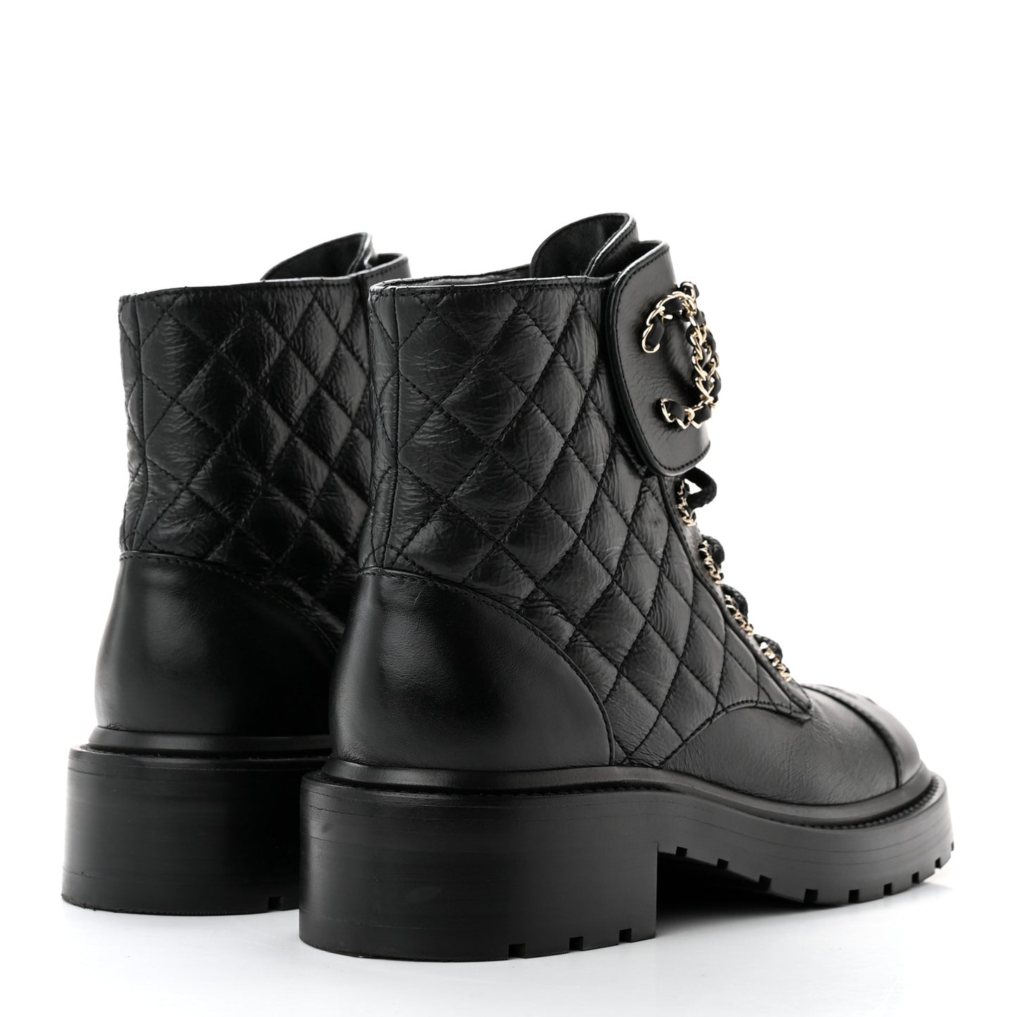 Shiny Goatskin Calfskin Quilted Lace Up Combat Boots 36.5 Black
