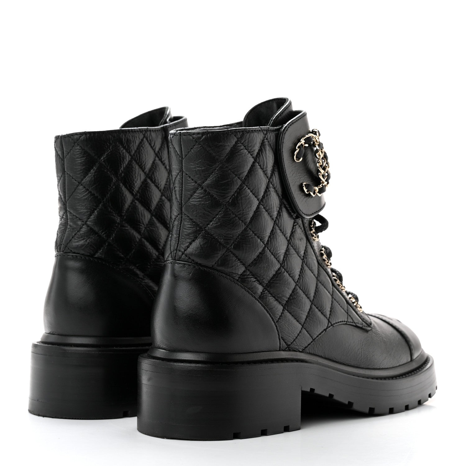 Chanel Shiny Goatskin Calfskin Quilted Lace Up Combat Boots 36.5 Black 4 of 11