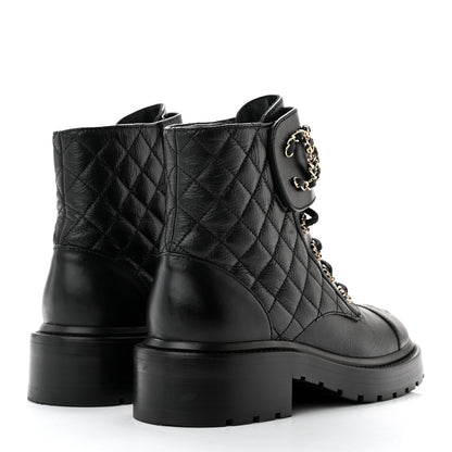 Chanel Shiny Goatskin Calfskin Quilted Lace Up Combat Boots 36.5 Black 4 of 11