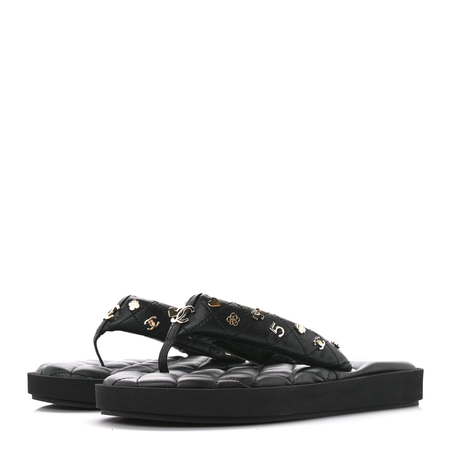 Lambskin Quilted Padded Charms Thong Sandals 39 Black