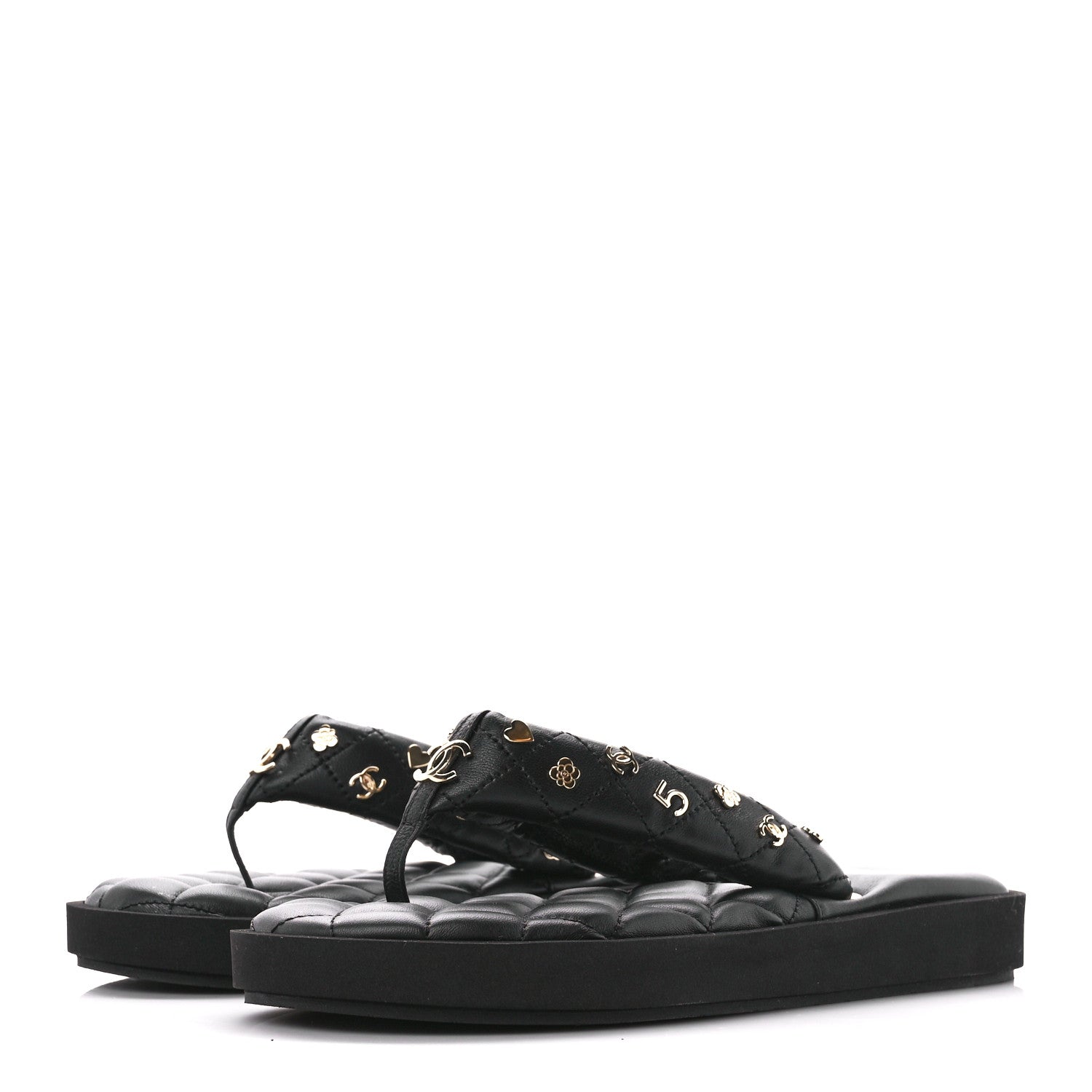 Chanel Lambskin Quilted Padded Charms Thong Sandals 39 Black 3 of 7