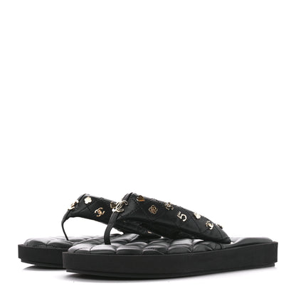 Chanel Lambskin Quilted Padded Charms Thong Sandals 39 Black 3 of 7