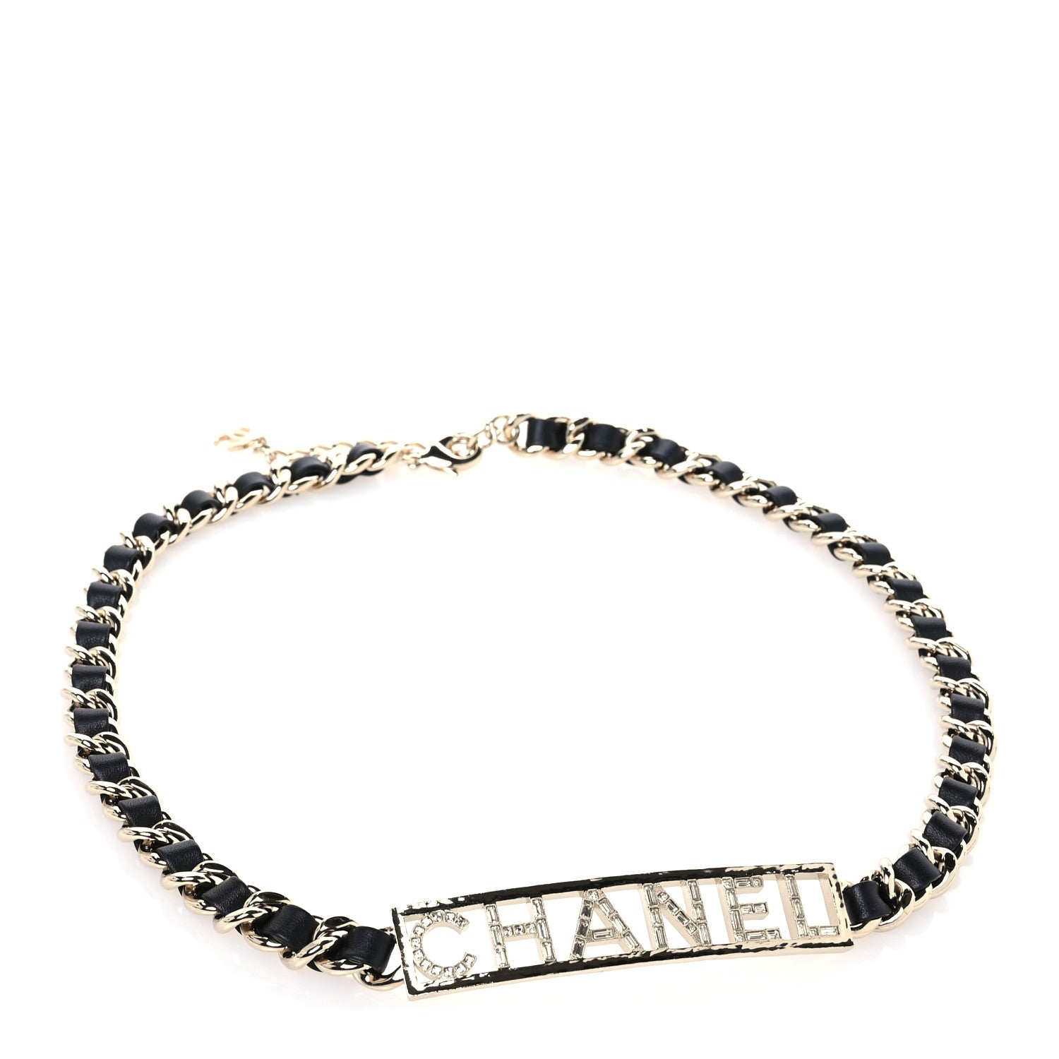 Chanel Lambskin Metal Crystal Baguette Logo Chain Belt 90 36 Black 1 of 4