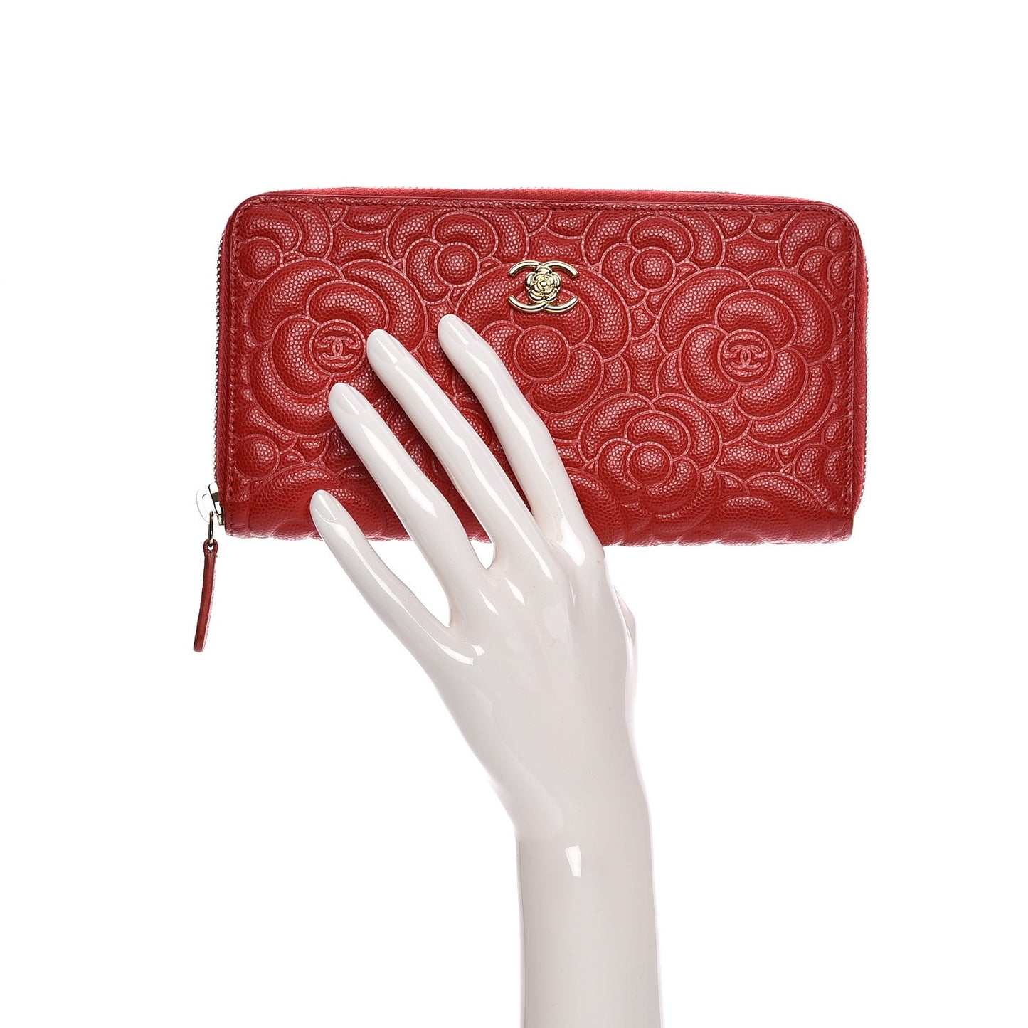 Caviar Camellia Embossed Zip Around Large Gusset Wallet Red