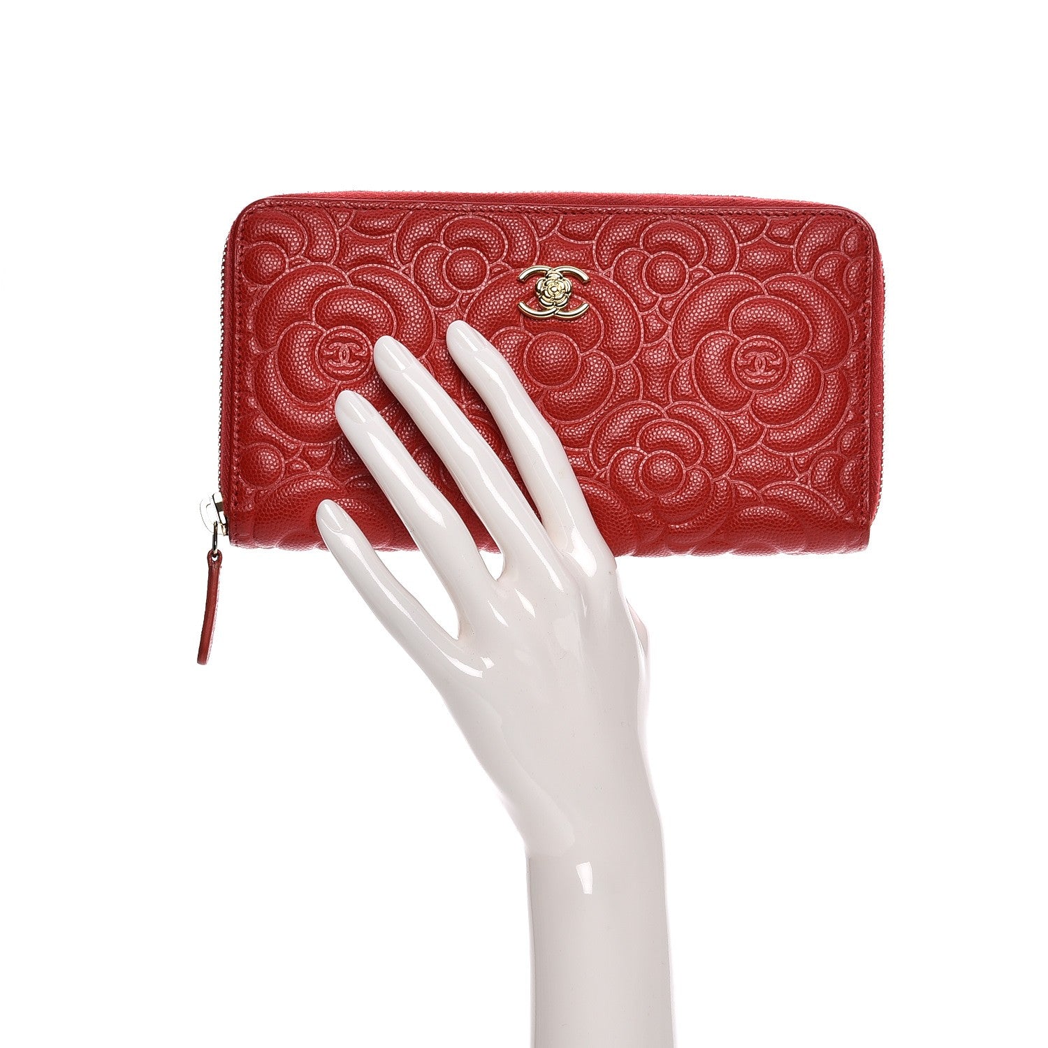 Chanel Caviar Camellia Embossed Zip Around Large Gusset Wallet Red 4 of 11