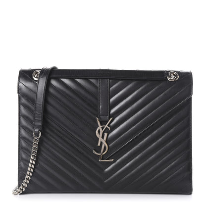 Saint Laurent Smooth Calfskin Matelasse Chevron Large Monogram Satchel Black 1 of 8