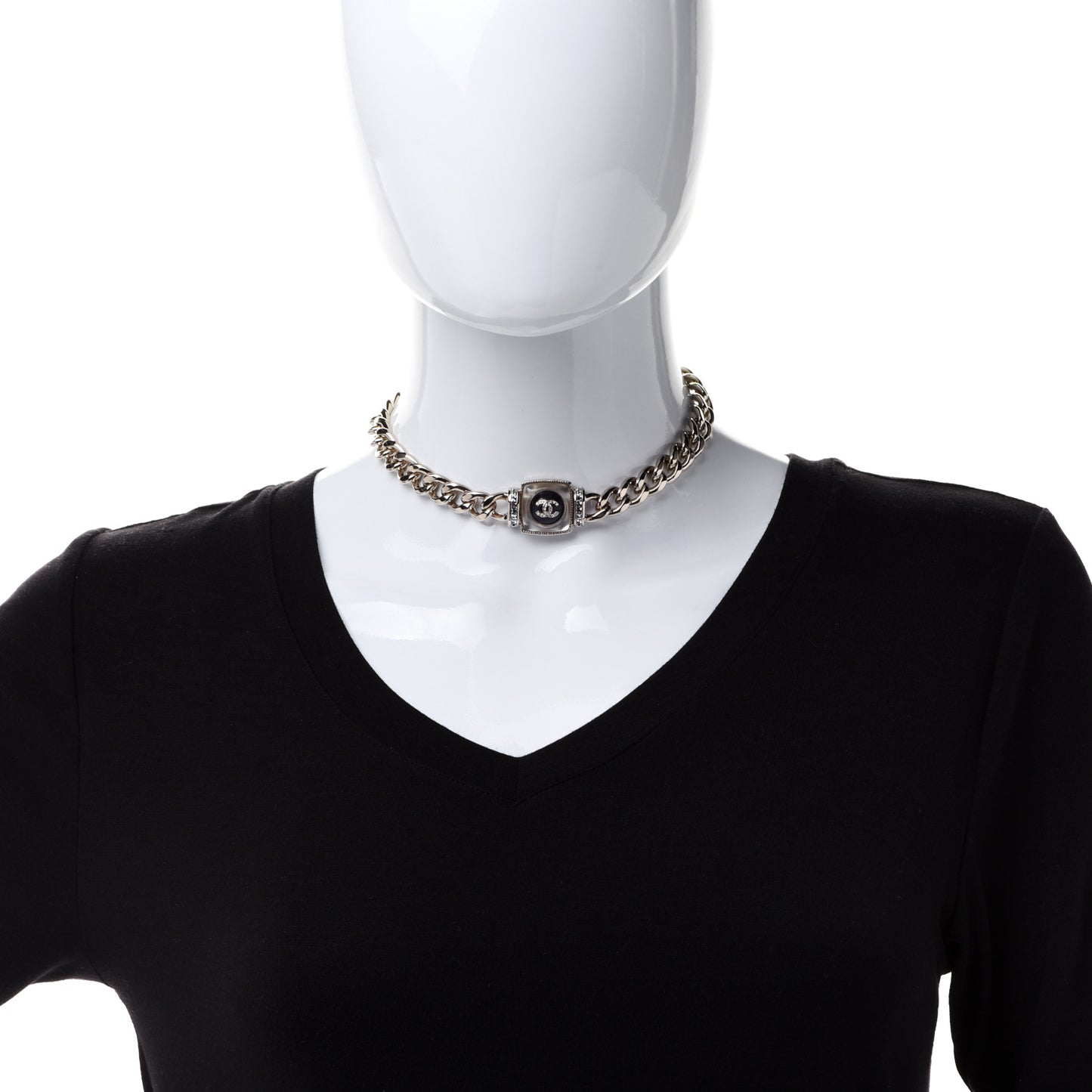 Metal Glass Pearl Strass CC Pendant Necklace Black Gold