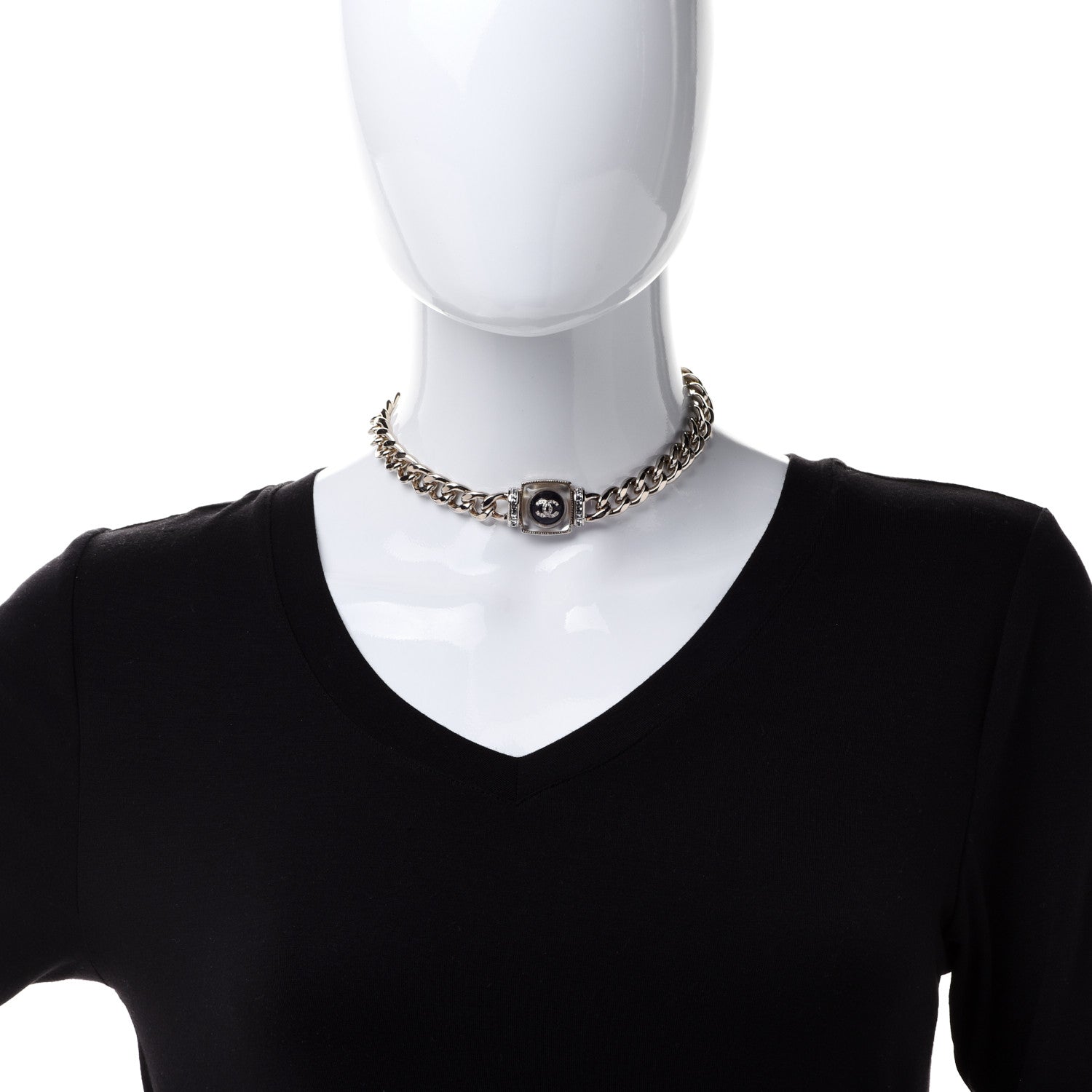 Chanel Metal Glass Pearl Strass CC Pendant Necklace Black Gold 2 of 6