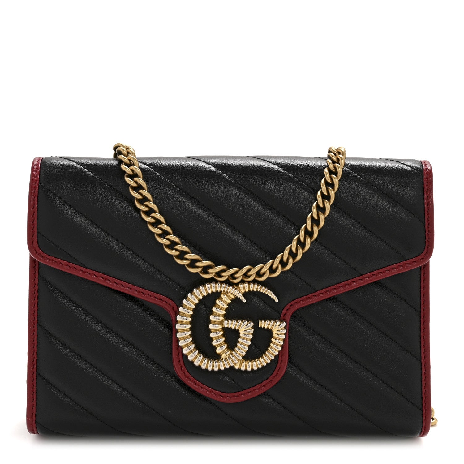 Gucci Vintage Effect Calfskin Matelasse Diagonal Torchon GG Marmont Chain Wallet Black Romantic Cherry 1 of 12