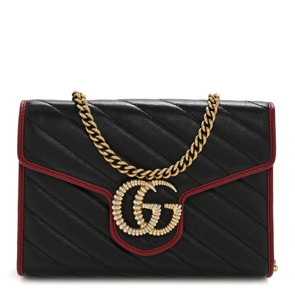 Gucci Vintage Effect Calfskin Matelasse Diagonal Torchon GG Marmont Chain Wallet Black Romantic Cherry 1 of 12