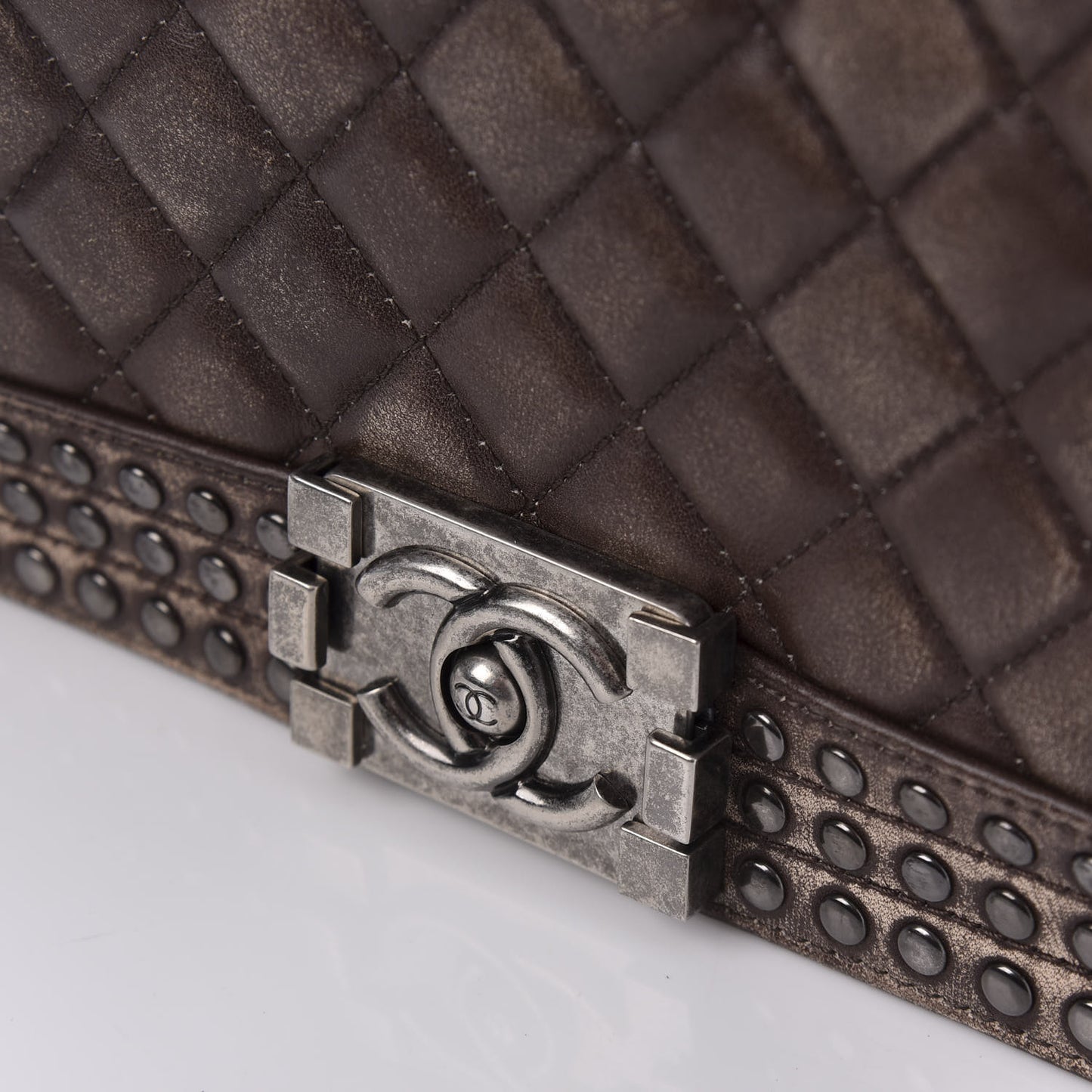 Faded Calfskin Quilted Large Studded Boy Flap Brown Beige