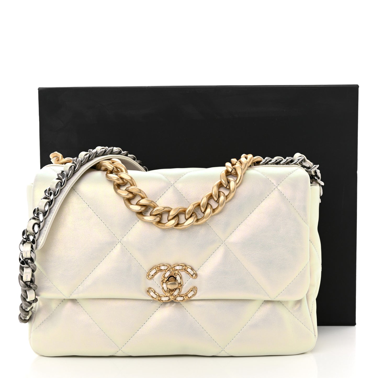 Iridescent Calfskin Quilted Large Chanel 19 Flap White