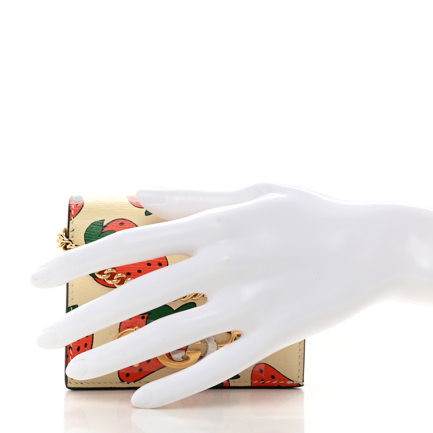 Calfskin Strawberry Print Zumi Chain Card Case Wallet Ivory Red