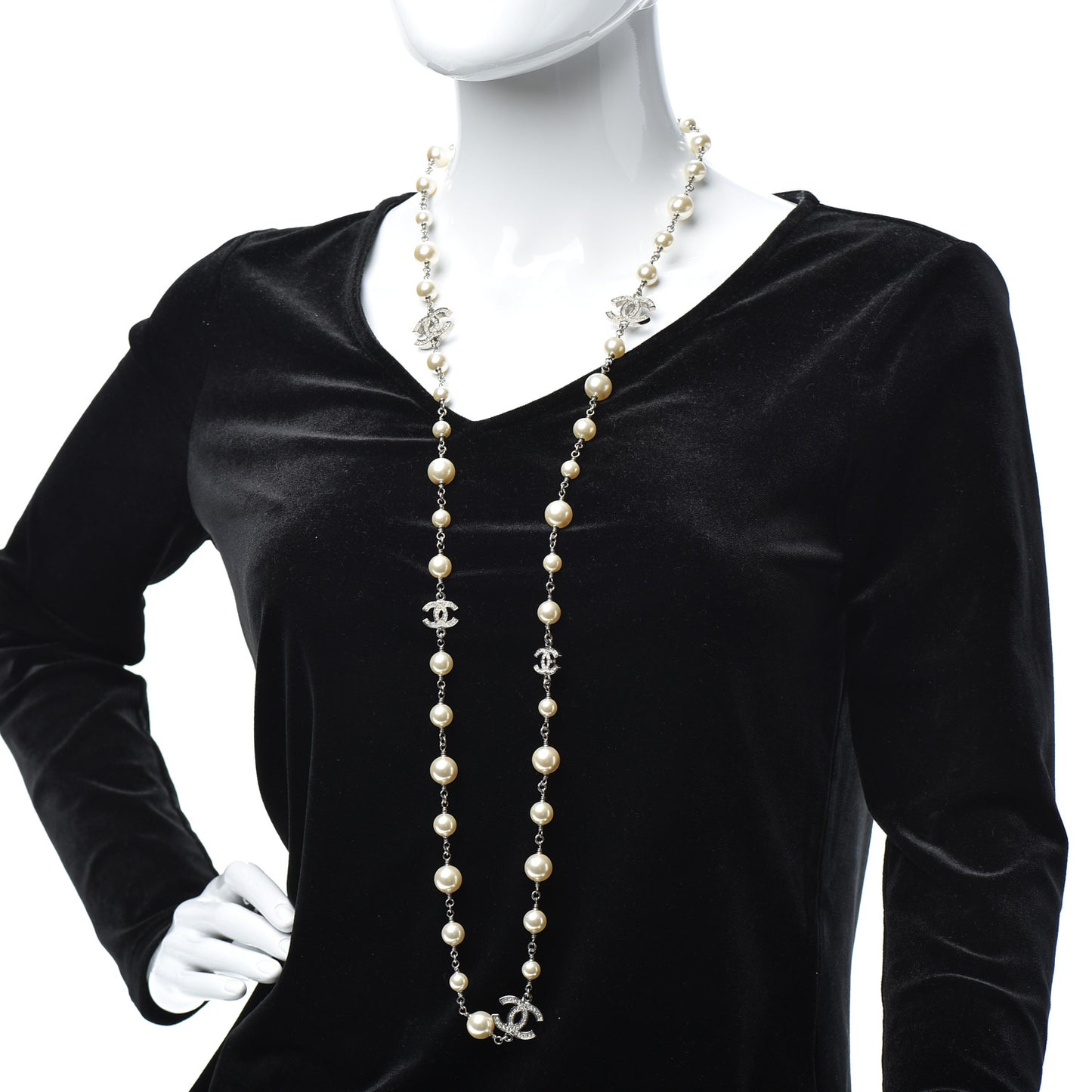 Crystal Pearl CC Long Necklace Silver