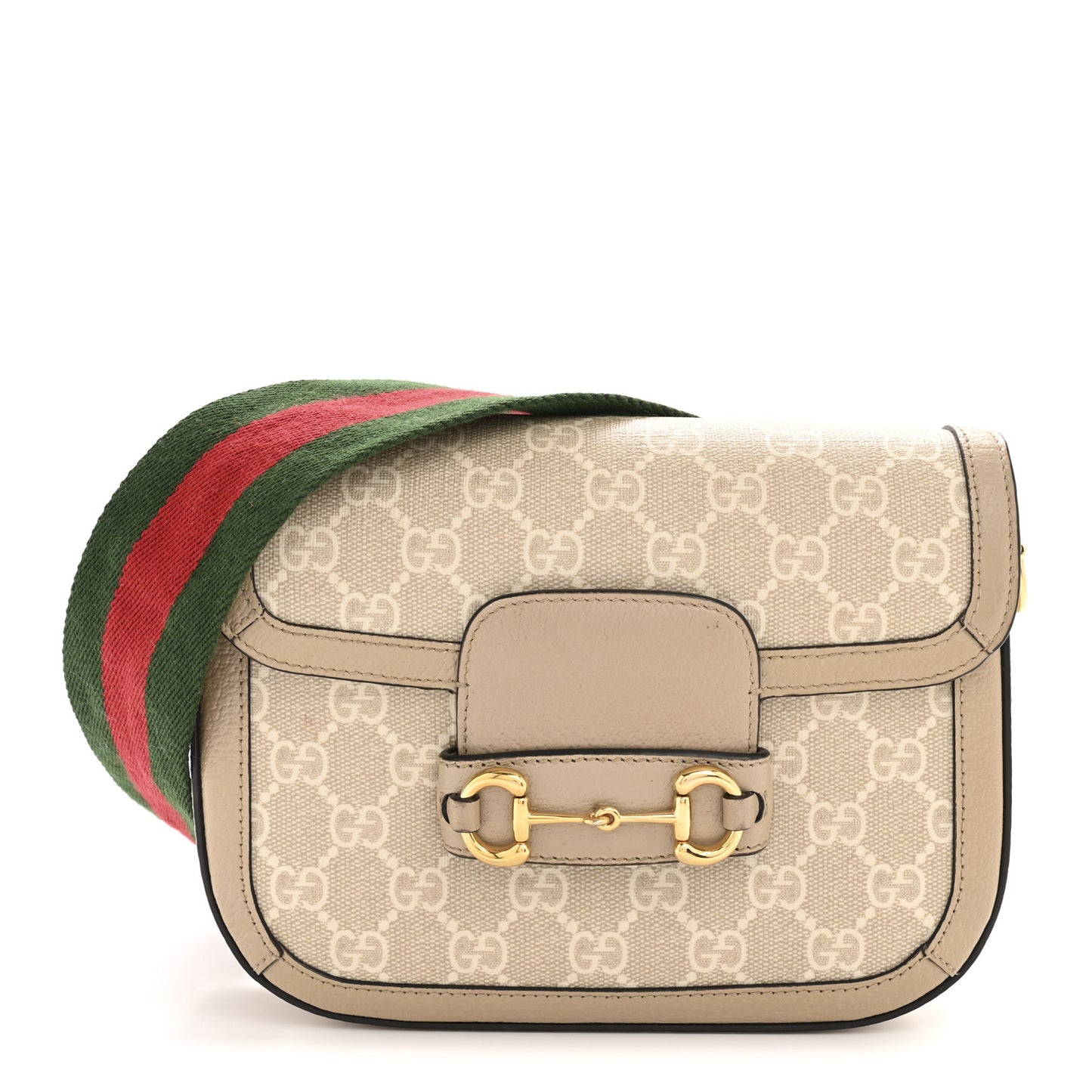 GG Supreme Monogram Textured Dollar Calfskin Web Mini Horsebit 1955 Shoulder Bag Beige Mystic White Oatmeal