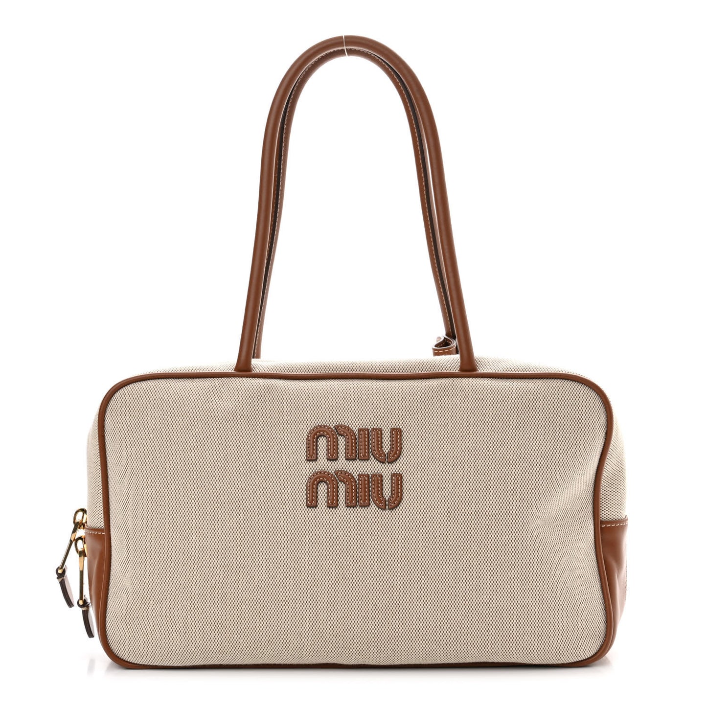 Canvas Calfskin Top Handle Bag Beige Brandy