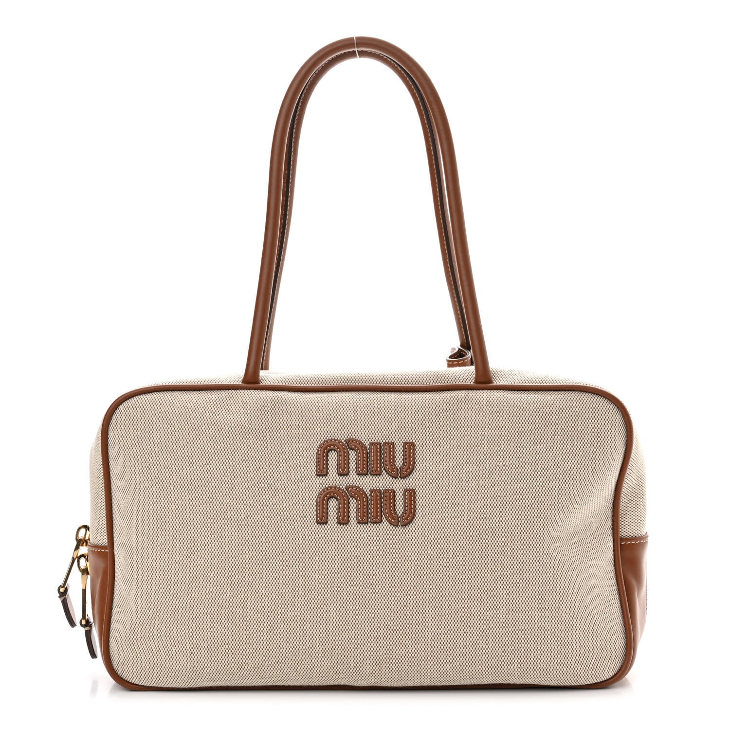 Miu Miu Canvas Calfskin Top Handle Bag Beige Brandy 1 of 10