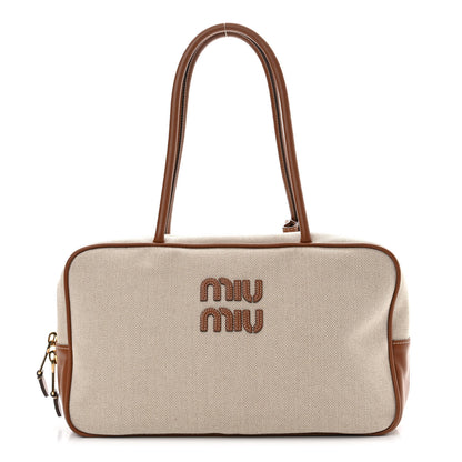 Miu Miu Canvas Calfskin Top Handle Bag Beige Brandy 1 of 10