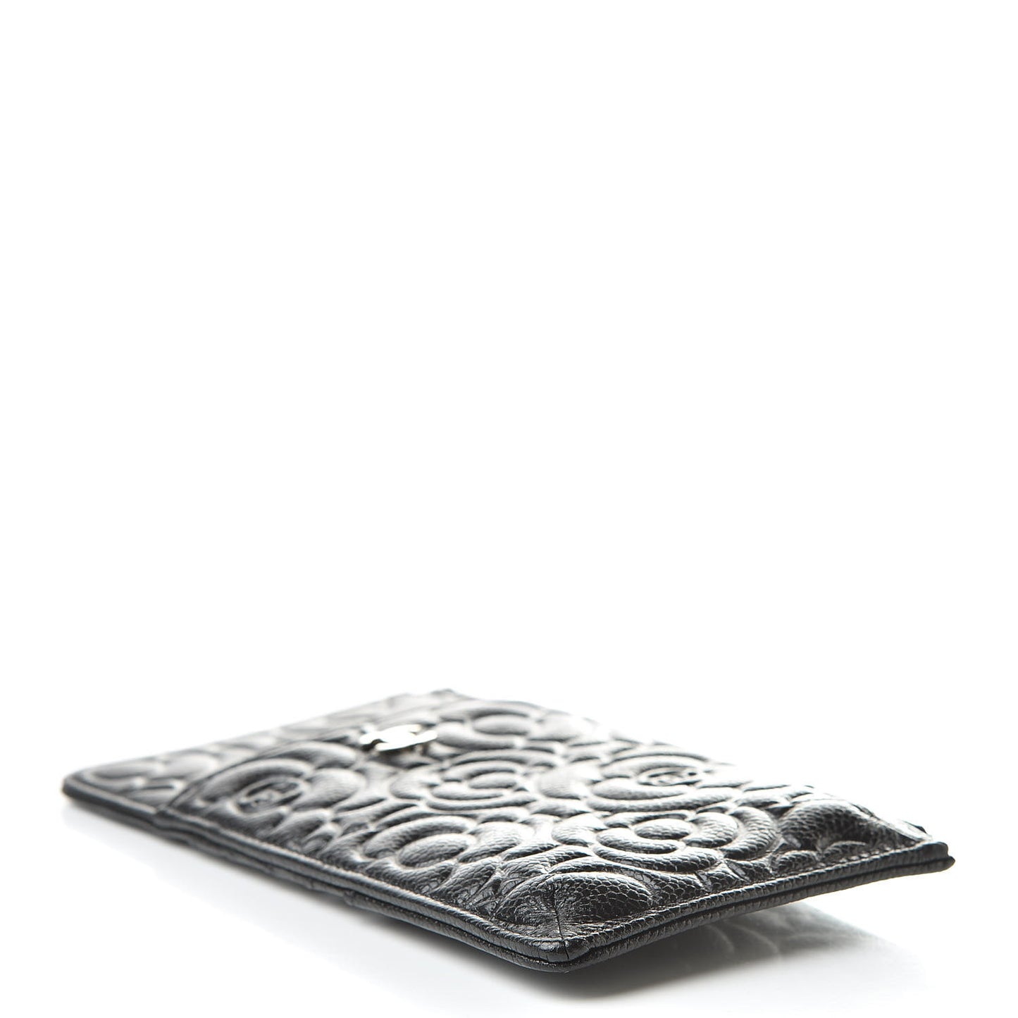Caviar Camellia Embossed Classic Flat Wallet Pouch Black